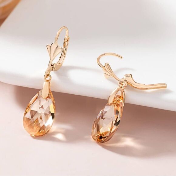 14K Yellow Gold and Champagne Topaz Austrian Crystal Teardrop Leverback Earrings - Picture 3 of 6
